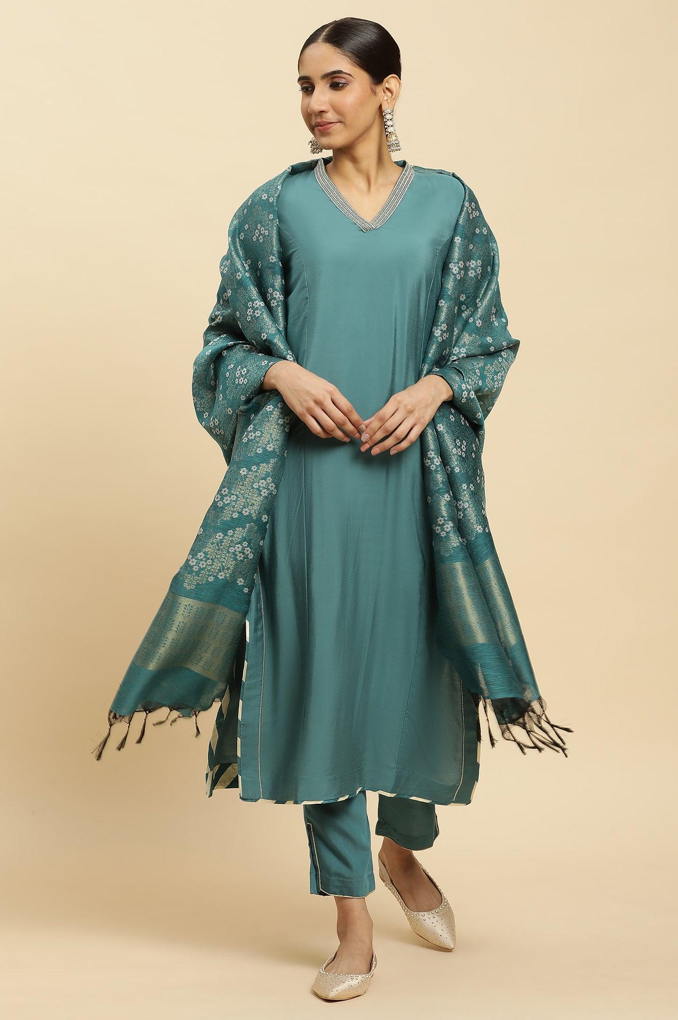 Blue Embellished Kurta, Pants And Jacquard Dupatta Set - Image 7