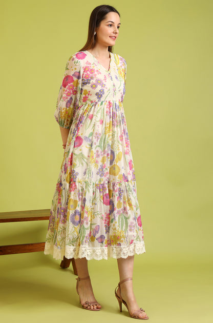 Floral Printed Flared Polyester Dress - Image 4