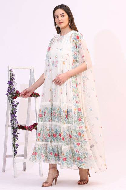 White Floral Printed Chiffon Tiered Flared Dress with Printed Cape - Image 5