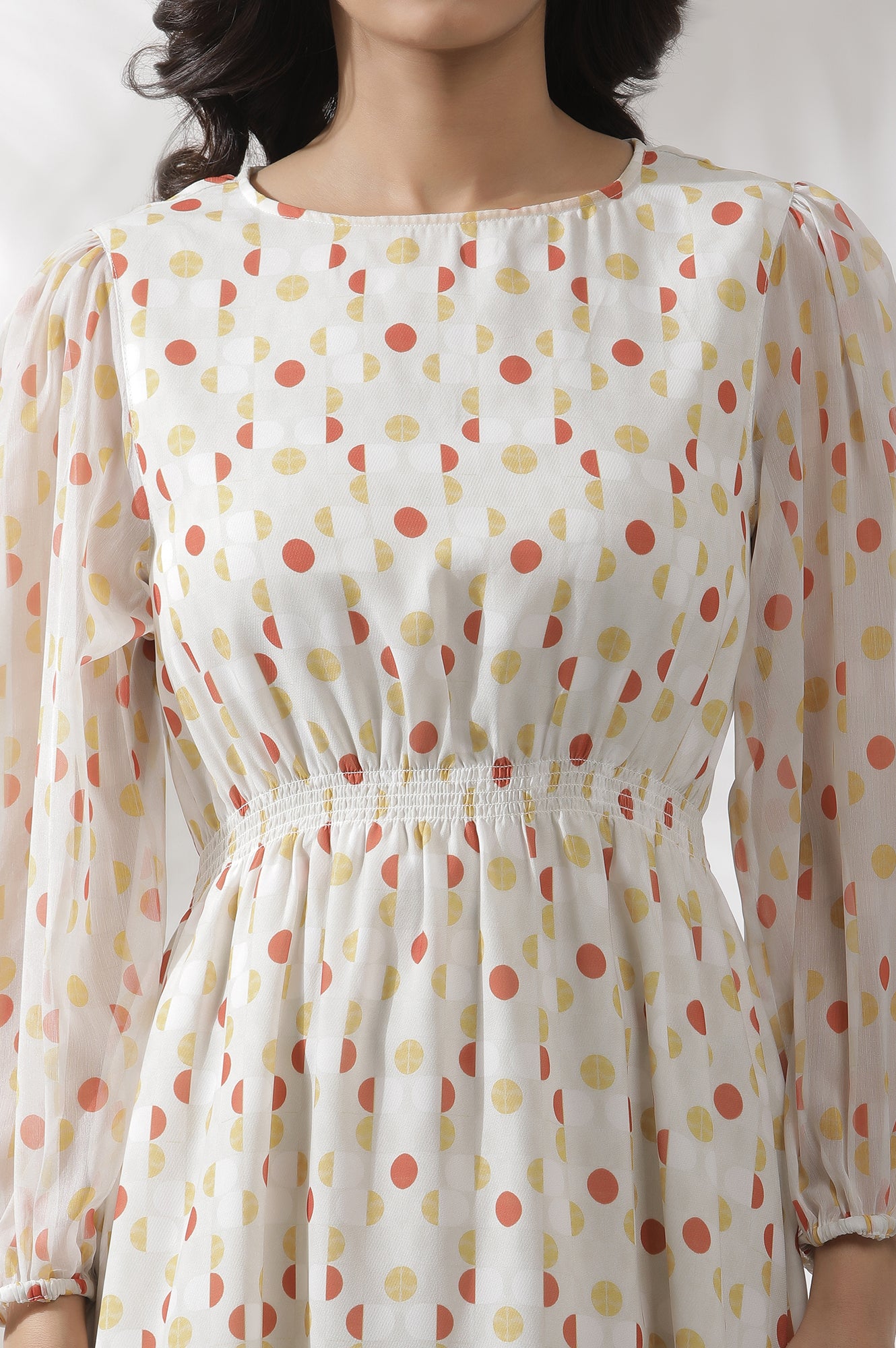 White Polka Dot Printed Gathered Western Dress - Image 6