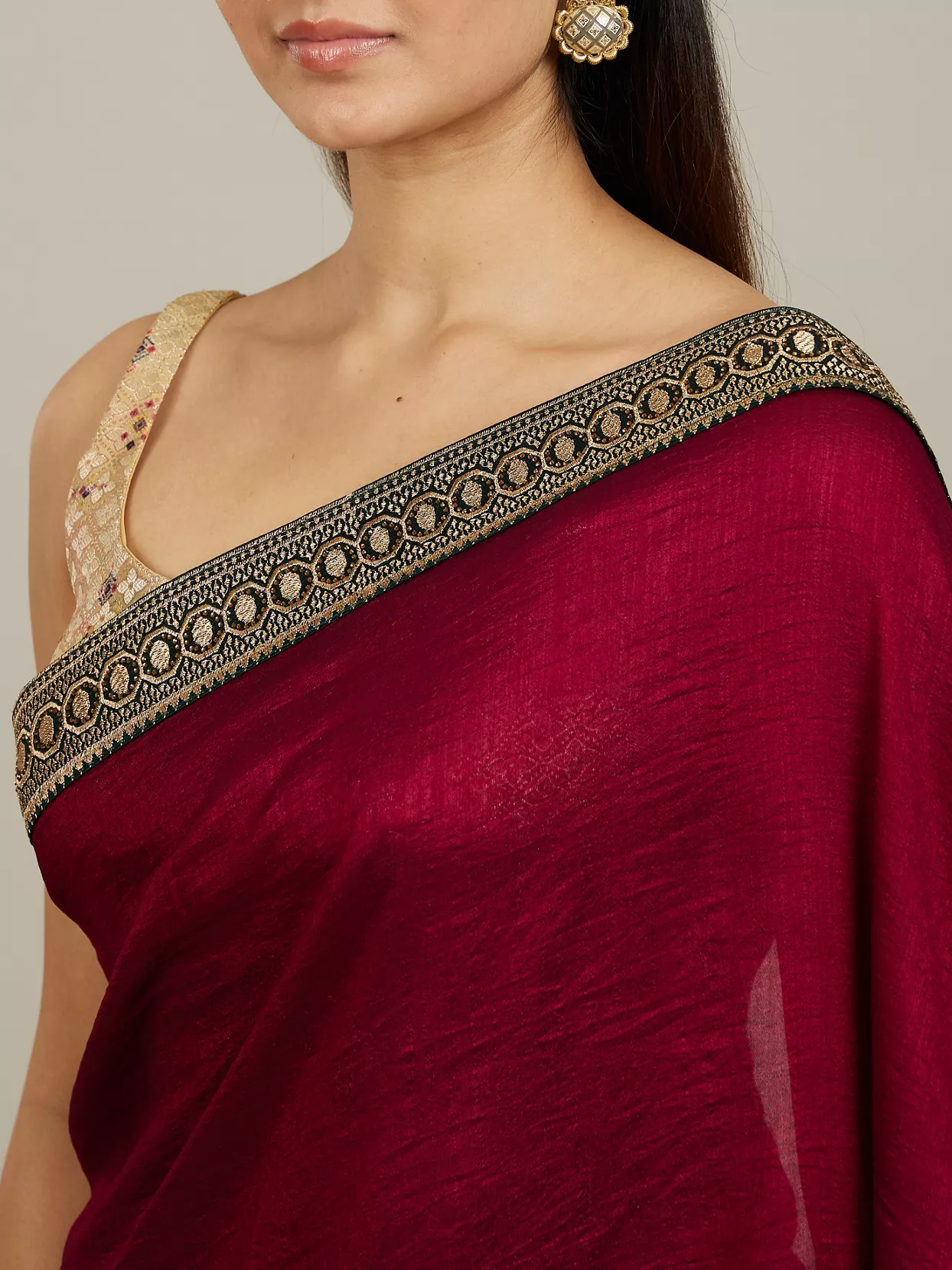 Rose Red Embroidered Border Saree - Image 2